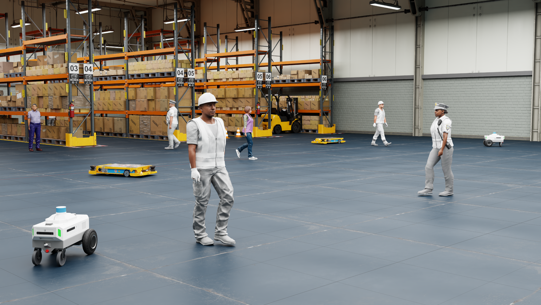 characters and robots move around a warehouse 3D environment.
